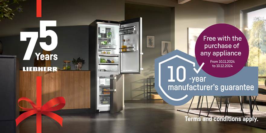 A free 10-year manufacturer’s guarantee on any Liebherr appliance purchased between 10th November and 10th December 2024.